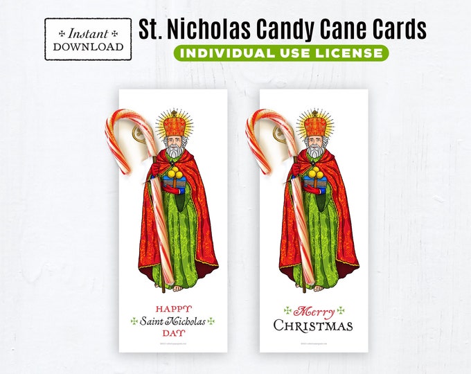 Featured listing image: St. Nicholas Printable Candy Cane Treat Cards, Instant Downloadable PDF 3.5x8.5”St. Nicholas Day Christmas Candy Cane Holder Cards Advent