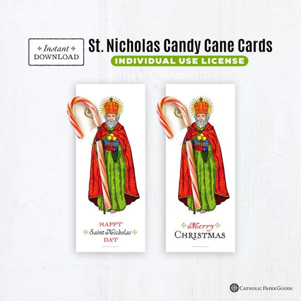 St. Nicholas Printable Candy Cane Treat Cards, Instant Downloadable PDF 3.5" x 8.5” St. Nicholas Day Christmas Candy Cane Holder Cards
