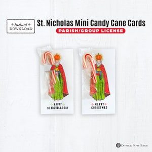 Parish License, St. Nicholas Printable Miniature Candy Cane Treat Cards Instant Download 2.8x5.5 St. Nicholas Candy Cane Holder Card, Advent