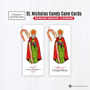 Parish License, St. Nicholas Printable Candy Cane Treat Cards, Instant Downloadable 3.5x8.5 St Nicholas Christmas Candy Cane Holder Advent