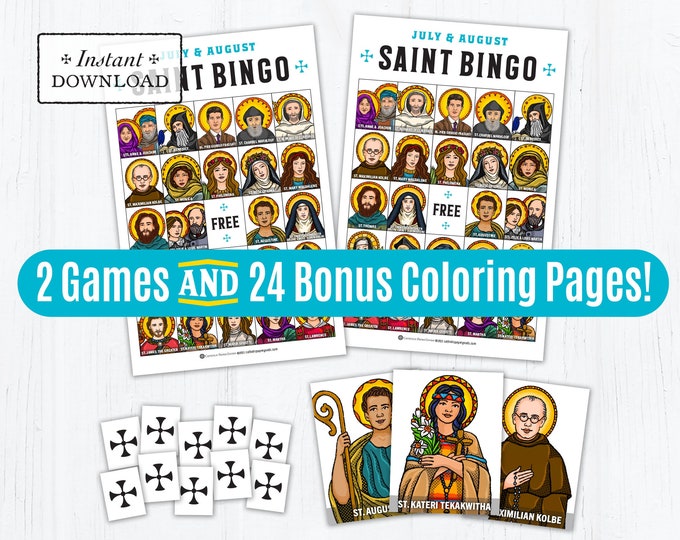 Featured listing image: Saint Bingo Game Memory Game BUNDLE: BONUS Coloring Pages July & August Saints, Catholic Games for Kids, Printable All Saints Day Game