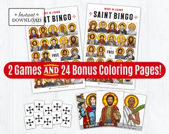 Saint Bingo Game Memory Game BUNDLE: BONUS Coloring Pages May & June Saints, Catholic Games for Kids, Printable All Saints Day Game