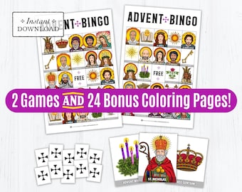 Advent Bingo Game Memory Game BUNDLE BONUS 24 Coloring Pages Advent Saints O Antiphons Advent Symbols Catholic Games for Kids, Printable PDF