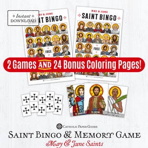 Saint Bingo Game Memory Game BUNDLE: BONUS Coloring Pages May & June Saints, Catholic Games for Kids, Printable All Saints Day Game