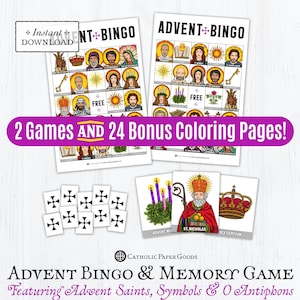 Advent Bingo Game Memory Game BUNDLE BONUS 24 Coloring Pages Advent Saints O Antiphons Advent Symbols Catholic Games for Kids, Printable PDF