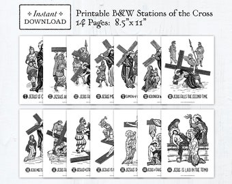 Stations of the Cross 8.5 x 11 Black & White Art Prints, Printable Stations of the Cross, Classroom Stations of the Cross, Lent Decor