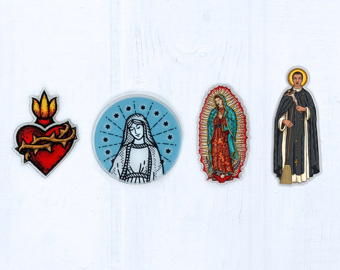 Sacred Heart, Our Lady of Guadalupe, Blessed Virgin Mary OR St Martin de Porres 1.25" Tall Thick Acrylic Pin Lapel Pin Backpack Totebag Pin