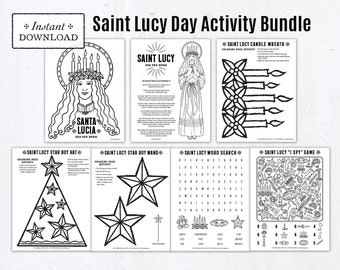 Saint Lucy Day Activity Bundle, Catholic Coloring Pages, Printable Games & Answer Key, Printable Candle Wreath Star Boy Hat Santa Lucia Day