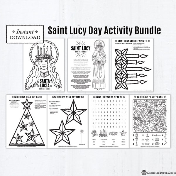 Saint Lucy Day Activity Bundle, Catholic Coloring Pages, Printable Games & Answer Key, Printable Candle Wreath Star Boy Hat Santa Lucia Day