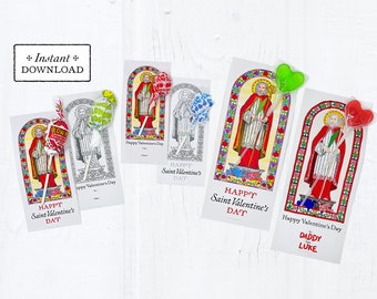 St Valentine Printable Candy Treat Card Bundle, Color & Coloring Page Instant Downloadable PDF, Valentine's Day Candy Cards Lollipop Holders