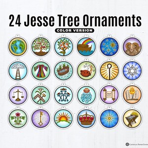 May include: A set of 24 colorful round ornaments depicting symbols from the Jesse Tree, a visual representation of the genealogy of Jesus Christ. The ornaments feature images such as a ladder, a dove, a crown, and a star.