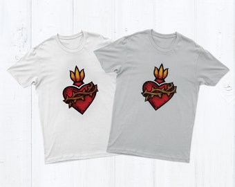 Sacred Heart Unisex Men's or Women's Catholic T-shirt Adult Graphic T-shirt Crew Neck White or Gray