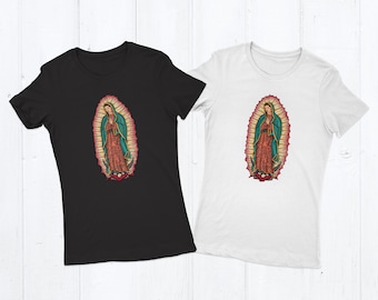 Our Lady of Guadalupe Women's Catholic T-shirt Catholic Graphic Ladies T-shirt Crew Neck White or Black