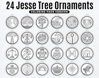 24 Jesse Tree Printable Ornaments PDF, Coloring Page Ornaments, Catholic Printable Ornaments, Instant Download, Advent Decor Jesse Tree