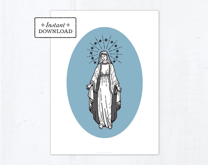 Mary Blue Oval Poster, 18"x24" Instant Download, Catholic Marian Art, DIY Downloadable JPG Catholic Printable Art Poster Marian Poster