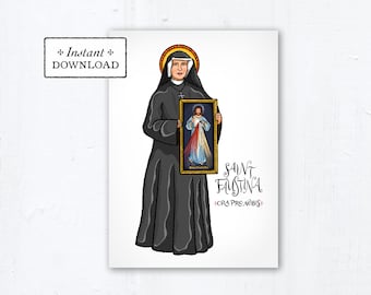 St. Faustina Kowalska Card - Art Print - Instant Download - DIY Downloadable PDF 5"x7"