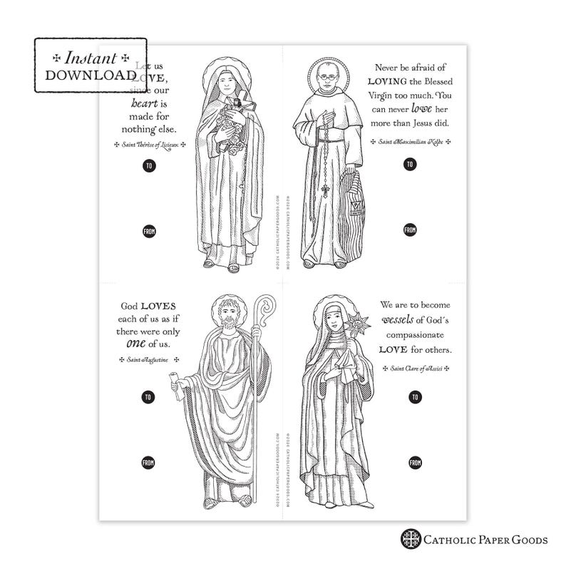 Catholic Saints Valentine Cards: Coloring Page Exchange Set (DIY Printable PDF) image 4