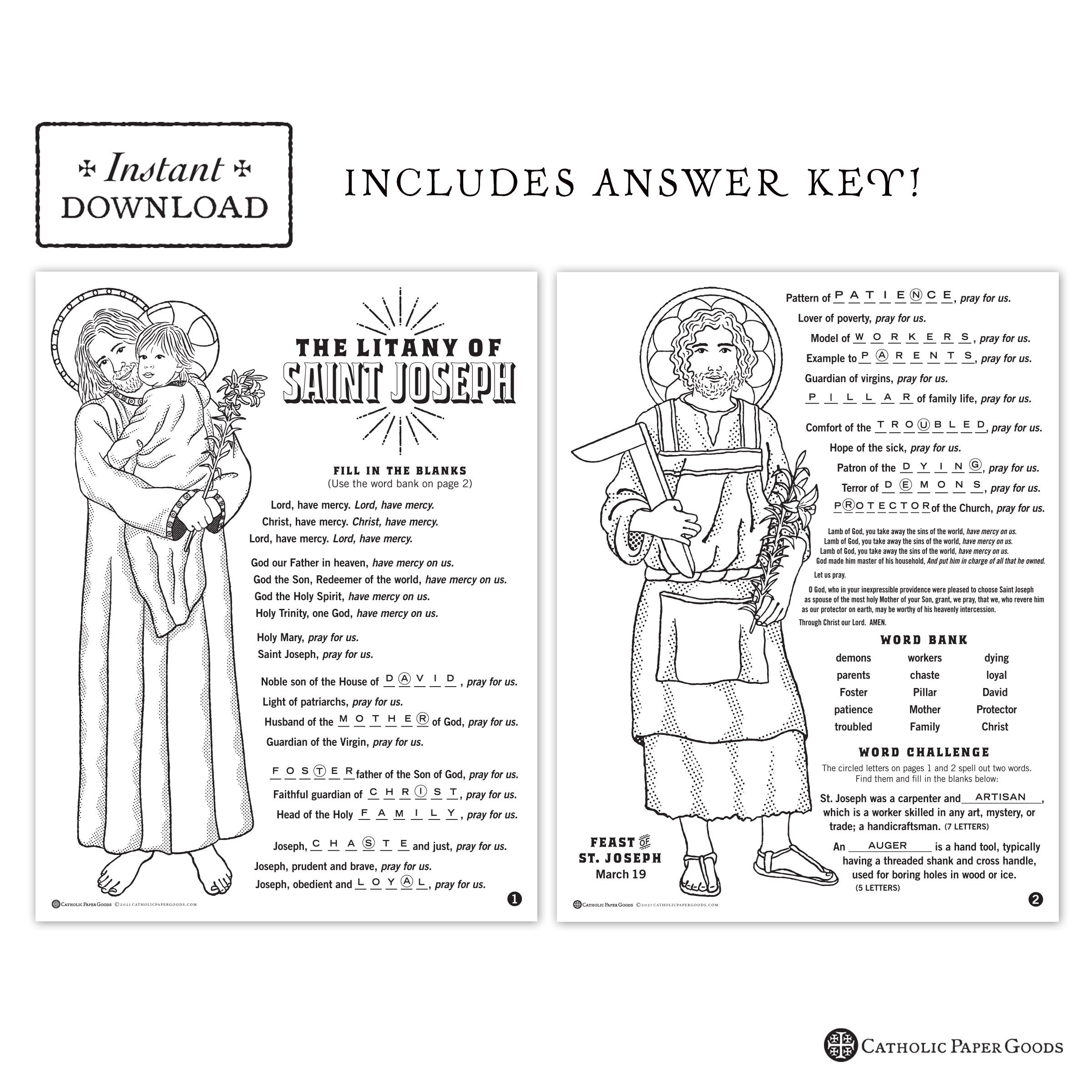 The Litany of Saint Joseph Catholic Coloring Pages and Word Game