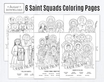 All Saints Day Saint Squads 6 Printable Catholic Coloring Pages, Printable Coloring Pages with List of Saints, Digital PDF, All Saints Day