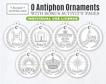 O Antiphons 7 Printable Ornaments Individual Use License with Bonus O Antiphon Activity Pages, Instant Download, PDF 3.75" Advent Decor