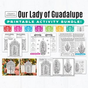 Bundel Onze-Lieve-Vrouw van Guadalupe: noveen in het Spaans, kleurplaten, drieluik heiligdom op tafelblad, Juan Diego Tilma-factsheet, spandoeken Papel Picado