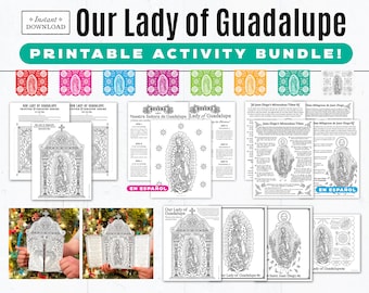 Our Lady of Guadalupe Bundle: Novena in Spanish, Coloring Pages, Triptych Tabletop Shrine, Juan Diego Tilma Fact Sheet, Papel Picado Banners