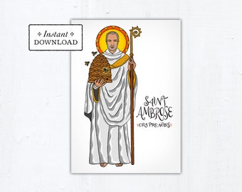Saint Ambrose Card, Art Print, Instant Download, Printable PDF 5"x7" Catholic Saint Printable Confirmation Gift, St Ambrose
