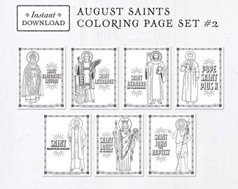 Catholic Coloring Pages - August Saints Set #2 - Bundle of 7 - Catholic Saints - Printable Coloring Pages - Digital - PDF Download