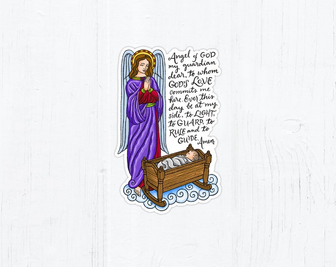 Featured listing image: Guardian Angel Prayer Die Cut Vinyl Sticker 4" Peel & Stick Catholic Vinyl Sticker Guardian Angel Sticker Waterproof Catholic Sticker Decal