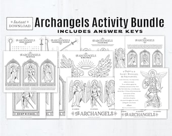 Archangels Printable Activity Bundle: St Michael Prayer, Coloring Pages, Maze, Word Search, Crossword Puzzle Figurines Triptych, Fact Sheet