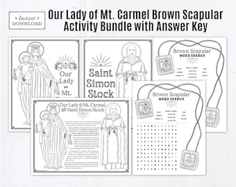 Our Lady of Mt. Carmel Activity Bundle: St. Simon Stock, Brown Scapular Printable Coloring Pages, Fact Sheet, Word Search with Answer Key