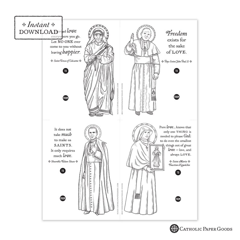 Catholic Saints Valentine Cards: Coloring Page Exchange Set (DIY Printable PDF) image 2