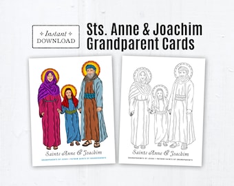 Saints Anne & Joachim Catholic Grandparent Cards, Color and Coloring Page, Catholic Saints, Printable Greeting Cards, Grandparents Day Cards