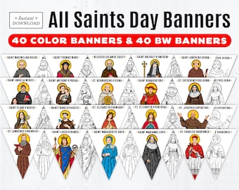 Printable All Saints Day 40 Saint Banners in Color & 40 BW Coloring Page Banners, All Saints Party Decor, Saint Banner, All Saints Decor