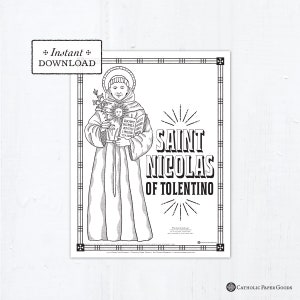 Catholic Coloring Page, Saint Nicholas of Tolentino, Patron of Souls in Purgatory, Catholic Saint, Printable Coloring Page, PDF