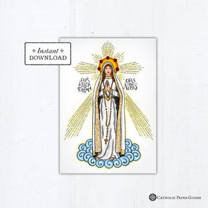 Our Lady of Fatima Card, Catholic Greeting Card Art Print, Instant Download, Printable PDF 5"x7"  Saint Card Art Print Blessed Virgin Mary