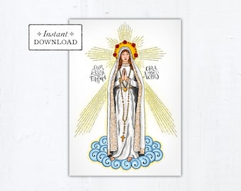 Our Lady of Fatima Card, Catholic Greeting Card Art Print, Instant Download, Printable PDF 5"x7"  Saint Card Art Print Blessed Virgin Mary