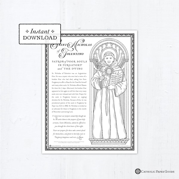 Catholic Coloring Page, Saint Nicholas of Tolentino, Patron of Souls in Purgatory and the Dying, Catholic Saint, Printable Coloring Page,PDF