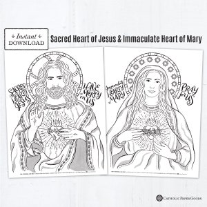 Sacred Heart of Jesus Immaculate Heart of Mary Catholic Coloring Page Set, Catholic Printable Coloring Page, Digital Catholic Coloring Page