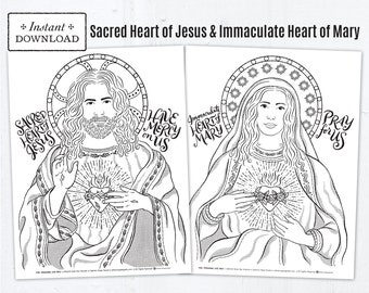 Sacred Heart of Jesus Immaculate Heart of Mary Catholic Coloring Page Set, Catholic Printable Coloring Page, Digital Catholic Coloring Page
