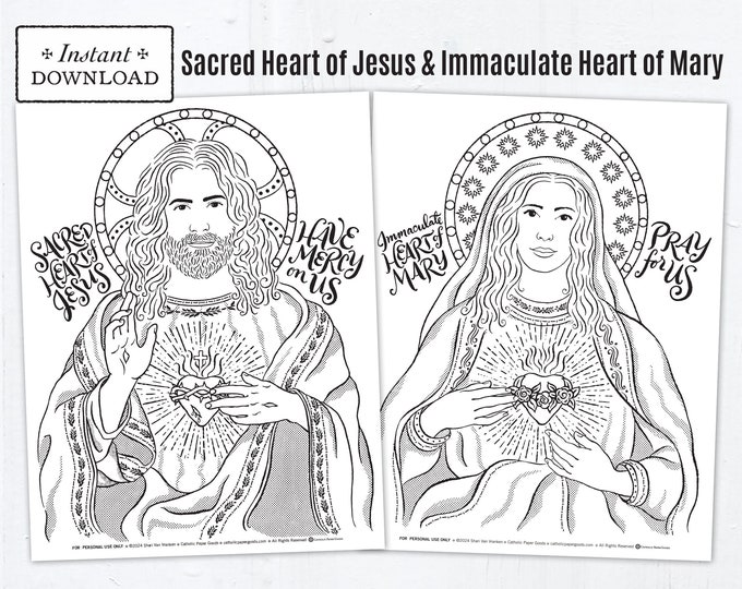 Featured listing image: Sacred Heart of Jesus Immaculate Heart of Mary Catholic Coloring Page Set, Catholic Printable Coloring Page, Digital Catholic Coloring Page