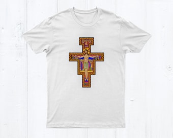 San Damiano Cross Unisex Men's or Women's Catholic T-shirt Adult Graphic T-shirt Crew Neck White