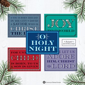 Catholic Christmas Greeting Cards Set of 5 Designs Instant Download, O Holy Night, Joy to the World, Downloadable 5x7, Christmas Scripture