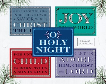 Catholic Christmas Greeting Cards Set of 5 Designs Instant Download, O Holy Night, Joy to the World, Downloadable 5x7, Christmas Scripture