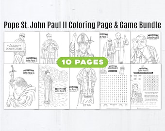 Pope Saint John Paul II Coloring Page & Game Bundle: 10 Pages Catholic Kids Printable Activities for Homeschool and Classroom