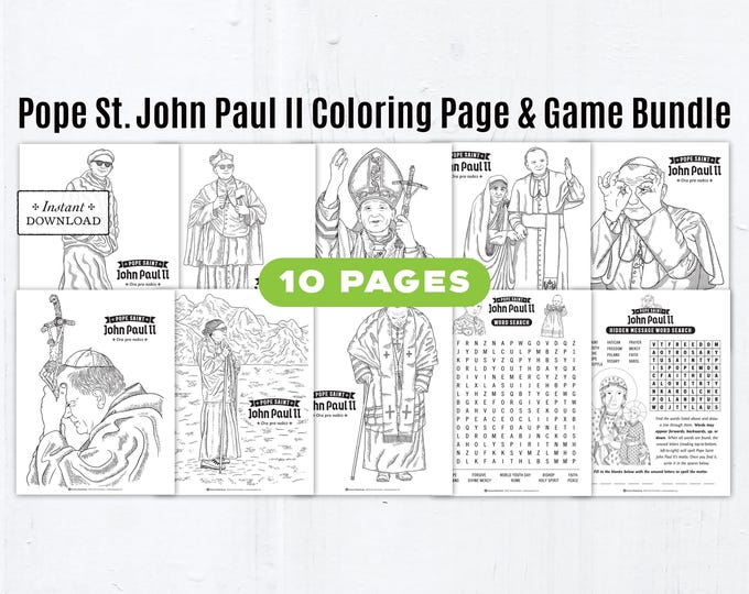 Featured listing image: Pope Saint John Paul II Coloring Page & Game Bundle: 10 Pages Catholic Kids Printable Activities for Homeschool and Classroom