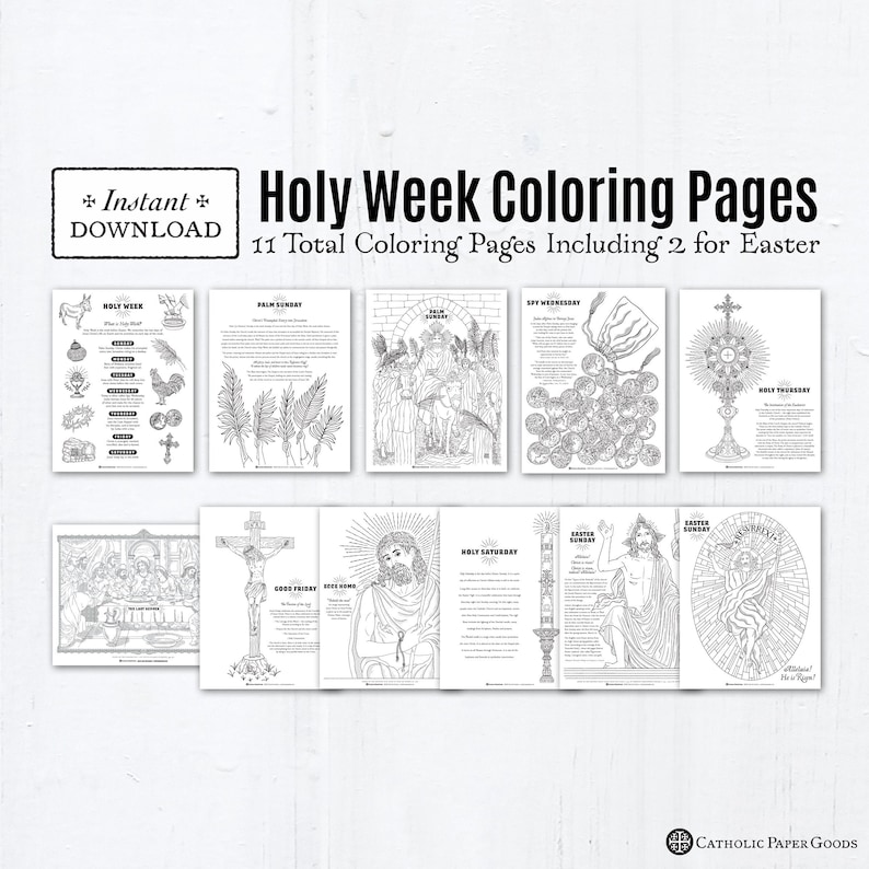 Holy Week Coloring Pages, Bundle of 11, Printable Palm Sunday Spy Wednesday Holy Thursday Good Friday Holy Saturday Easter Coloring Pages image 1