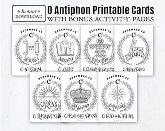 O Antiphon Printable Cards, Black & White with Bonus O Antiphon Activity Pages, Advent Decor, Instant Download, Downloadable PDF 4.25 x 5.5