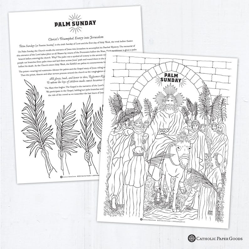 May include: Black and white coloring page depicting Jesus riding a donkey with palm branches. The text "Palm Sunday" is at the top of the page.