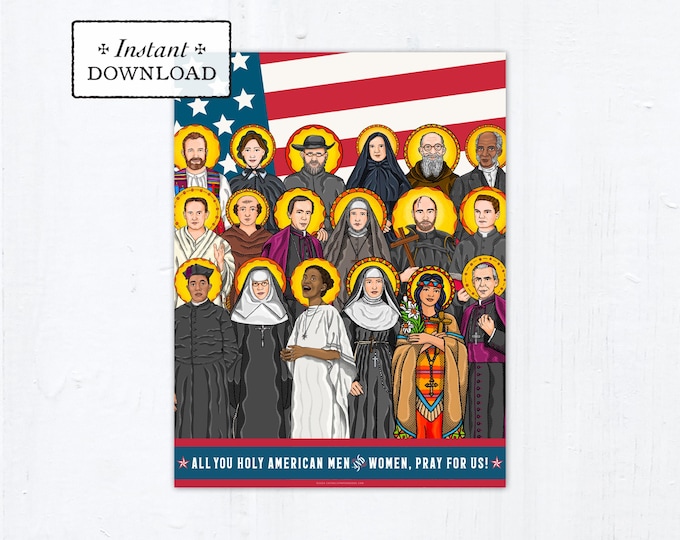 Featured listing image: American Saints Art Print: Catholic All Saints Day Decor (PDF Download)